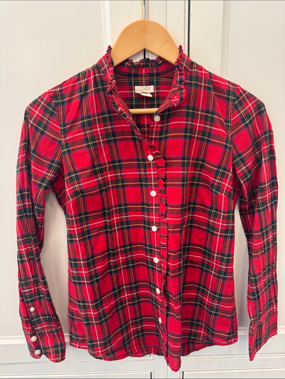J. Crew Red Plaid Ruffle-Trim Button-Front Blouse